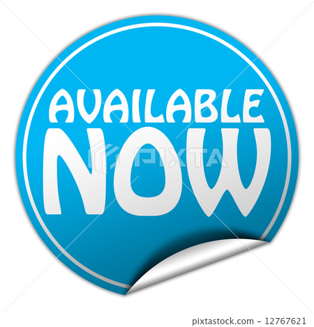 AVAILABLE NOW round blue sticker on white background 12767621