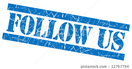 Follow us blue square grunge textured stamp isolated on white 12767784