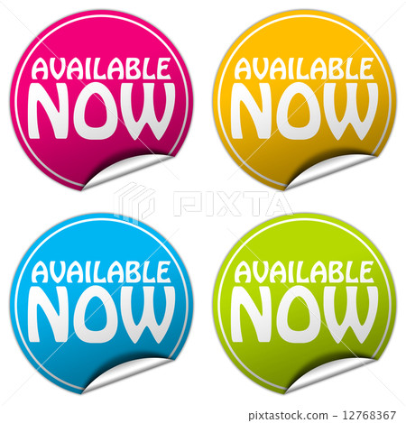 AVAILABLE NOW round stickers set on white background AVAILABLE NOW round stickers set on white background 12768367