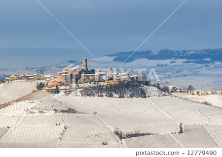 Small town on the hill in winter. 12779490