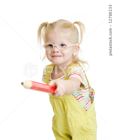 Funny chil in eyeglasses pointing by red pencil isolated Funny chil in eyeglasses pointing by red pencil isolated 12786133