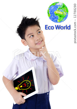 Little asian boy in student's uniform with tablet computer , Sav Little asian boy in student's uniform with tablet computer , Sav 12788280