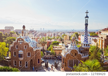 Views from the Parc Guell designed by Antoni Gaudi, Barcelona, Spain 12789420