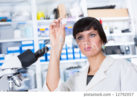 woman in a laboratory microscope with microscope slide in hand woman in a laboratory microscope with microscope slide in hand 12792057
