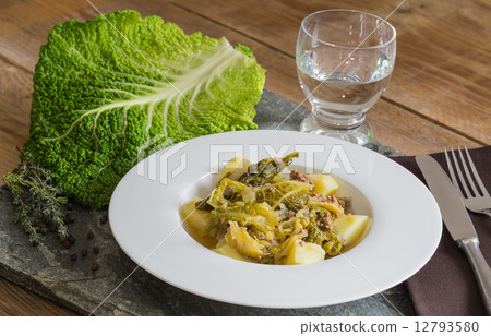 Savoy cabbage stew with potatoes and ground beef 12793580