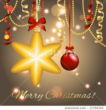 New Year greeting card.Christmas Star Ball with bow and ribbon.Sparkles and bokeh. Shiny and glowing New Year greeting card.Christmas Star Ball with bow and ribbon.Sparkles and bokeh. Shiny and glowing 12794308
