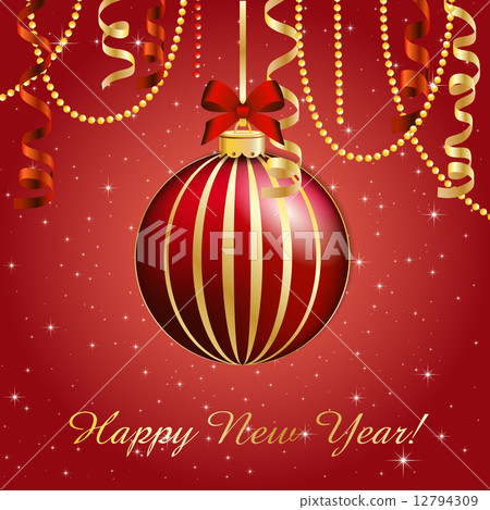 New Year greeting card. Christmas Ball with bow and ribbon. 12794309