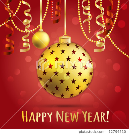 New Year greeting card. Christmas Ball with bow and ribbon. New Year greeting card. Christmas Ball with bow and ribbon. 12794310