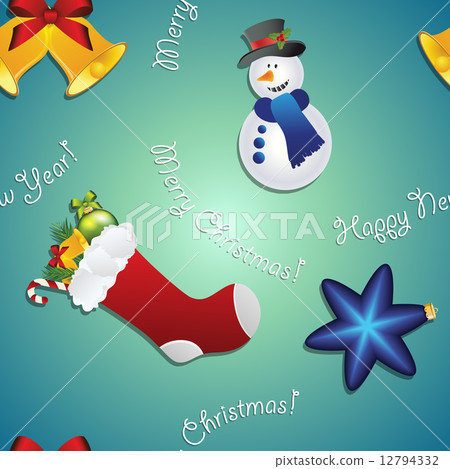 New year pattern with snowman, sock for gifts, bell and Christmas tree toy New year pattern with snowman, sock for gifts, bell and Christmas tree toy 12794332
