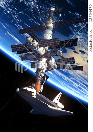 Space Shuttle And Space Station Orbiting Earth 12794479