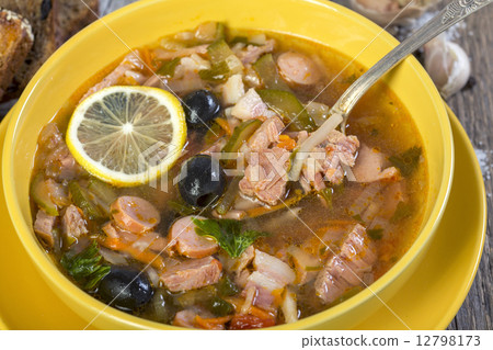 Meat soup in a bowl close up. Meat soup in a bowl close up. 12798173