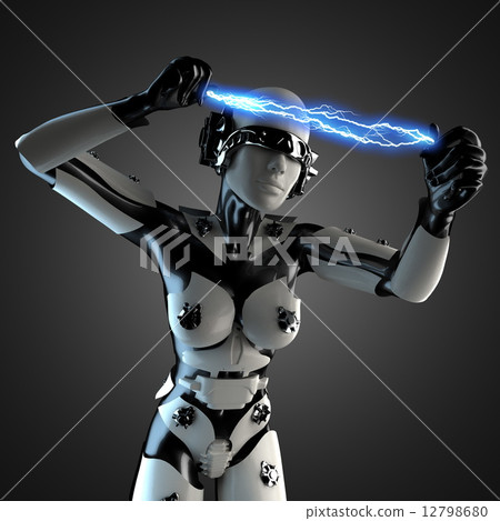 woman robot of steel and white plastic with lightning 12798680