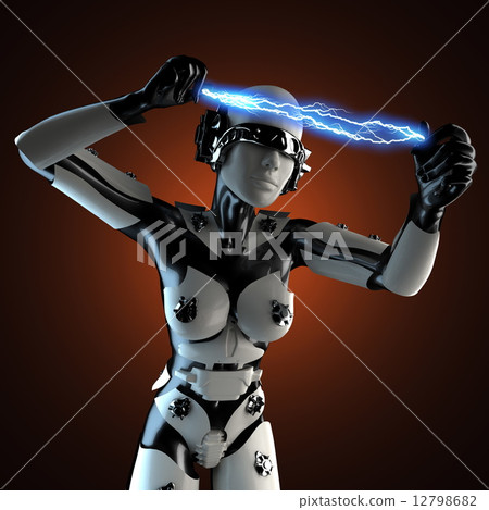 woman robot of steel and white plastic with lightning 12798682