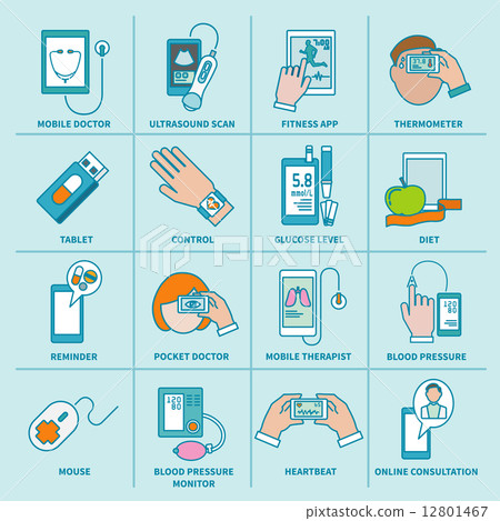 Digital health icons set flat line 12801467