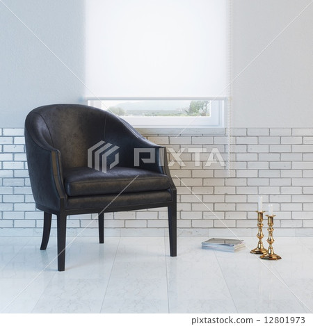 Black leather armchair in minimalist interior design 12801973