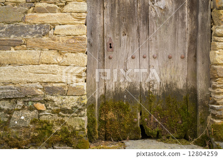 Entire old wooden door with moss and lock, sone wall 12804259