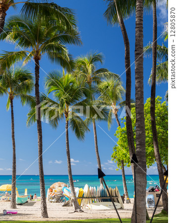 夏威夷瓦胡島，檀香山的威基基海灘擠滿了享受水上運動的人們 12805870