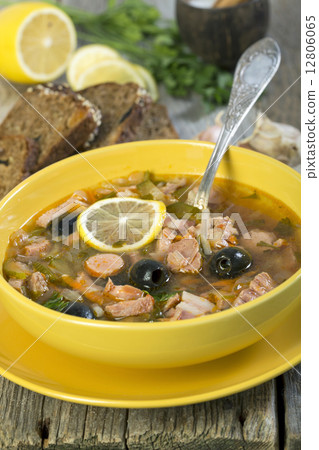 Meat soup. The traditional Russian soup - solyanka. 12806065