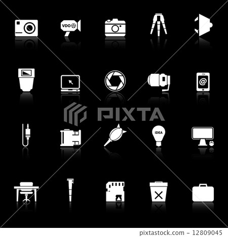 Photography related item icons with reflect on black background 12809045