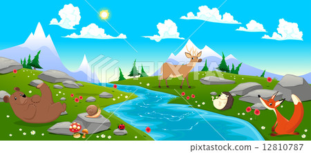 Mountain landscape with river and animals 12810787