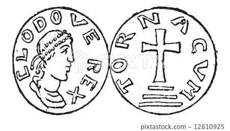 Coin Currency, Merovingian Dynasty, vintage engraving Coin Currency, Merovingian Dynasty, vintage engraving 12810925