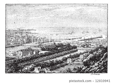 Piers of the port of Cherbourg, vintage engraving. 12810941