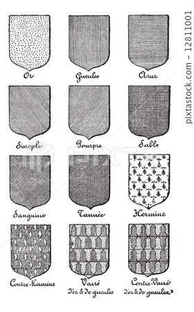 Variety of enterprise enamels used in Heraldry vintage engraving 12811001