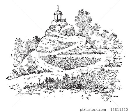 Maze in a garden, vintage engraving. Maze in a garden, vintage engraving. 12811320