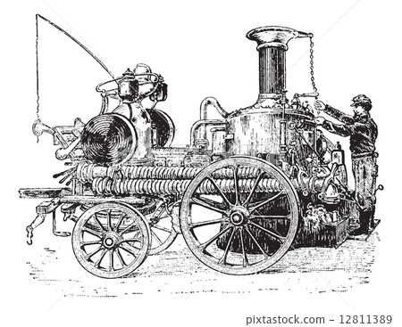 Steam pump on carriage vintage engraving 12811389