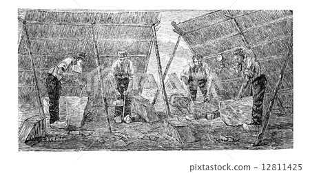 Workers Making Marble Tiles, vintage engraving 12811425