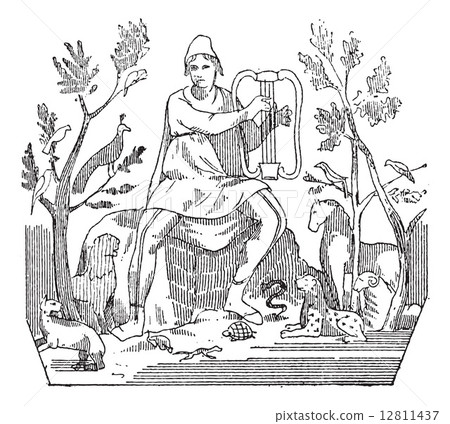 Orpheus attracting wild animals to the sound of his lyre, vintag 12811437
