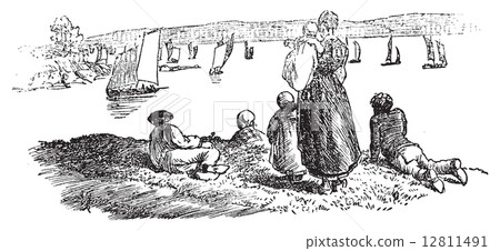 The return of the sardine fishery in Douarnenez, vintage engravi The return of the sardine fishery in Douarnenez, vintage engravi 12811491