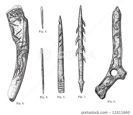 Magdalenian Tools and Weapons, vintage engraving Magdalenian Tools and Weapons, vintage engraving 12811660