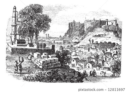 Canal and buildings at Hamburg,Germany vintage engraving 12811697