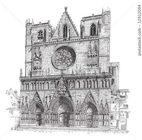 Lyon Cathedral in Lyon,France, vintage engraving 12812084