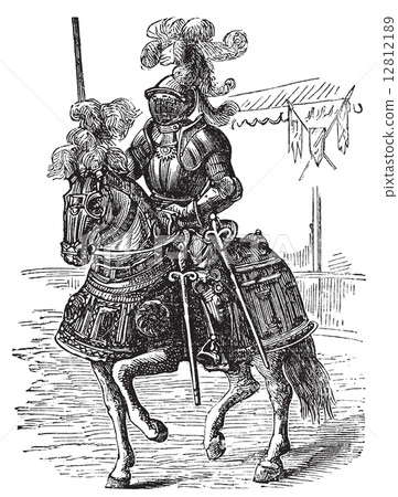 Ironclad full bodied armored horse and rider. Old engraving 12812189