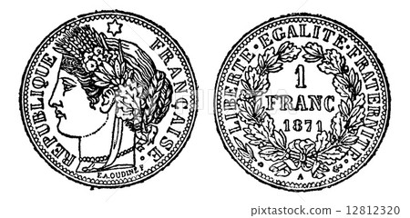 Piece of silver 1 franc, vintage engraving Piece of silver 1 franc, vintage engraving 12812320