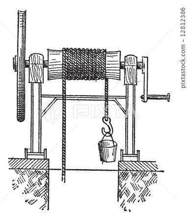 Winch, vintage engraving. 12812386