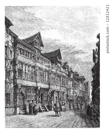 Old wooden houses in Lisieux (sixteenth century). - Drawing Cate 12812421