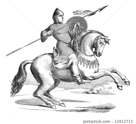 Knight on a horse wearing hauberk vintage engraving 12812713