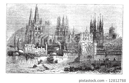 Burgos, city, Spain, vintage engraving. 12812788