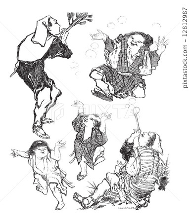 The Soap Bubbles - Japanese Caricature, vintage engraving The Soap Bubbles - Japanese Caricature, vintage engraving 12812987