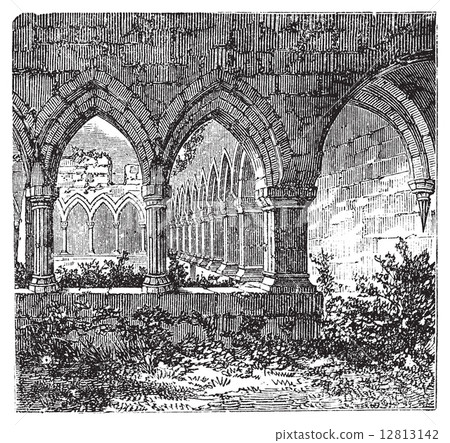 Gothic cloisters and arch at Kilconnel Abbey, in County Galway, 12813142