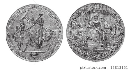 Great Seal of England by Queen Victoria vintage engraving. 12813161
