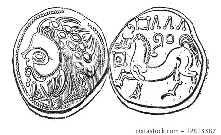 Ancient Celtic Didrachma Coin, vintage engraving 12813387