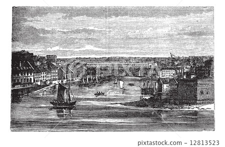 Penfeld, river, Brest, France, vintage engraving. 12813523