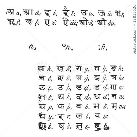 Sanskrit alphabet, vintage engraving. 12813526