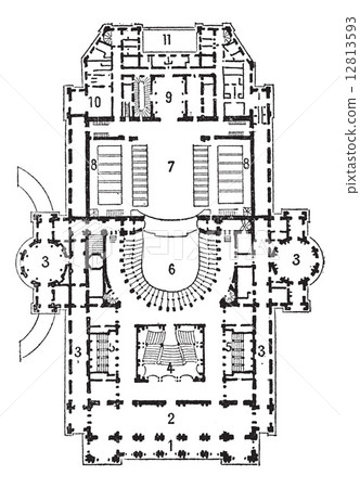 Plan of theater of opera, Paris, vintage engraving. 12813593