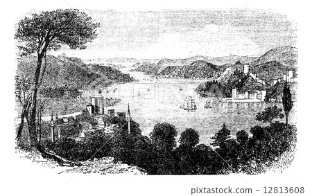 or Istanbul Strait, in Istanbul, Turkey, vintage engraving 12813608