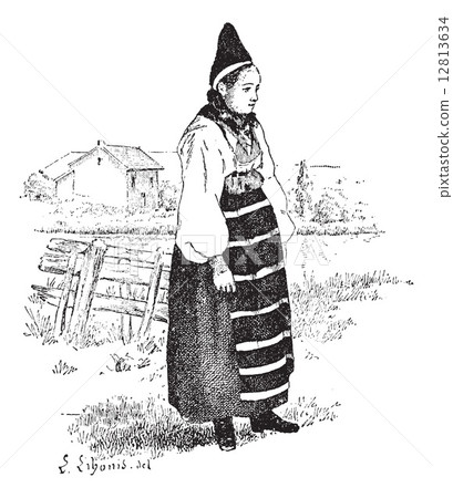Peasant in the province of Dalarna, Sweden, vintage engraving. 12813634